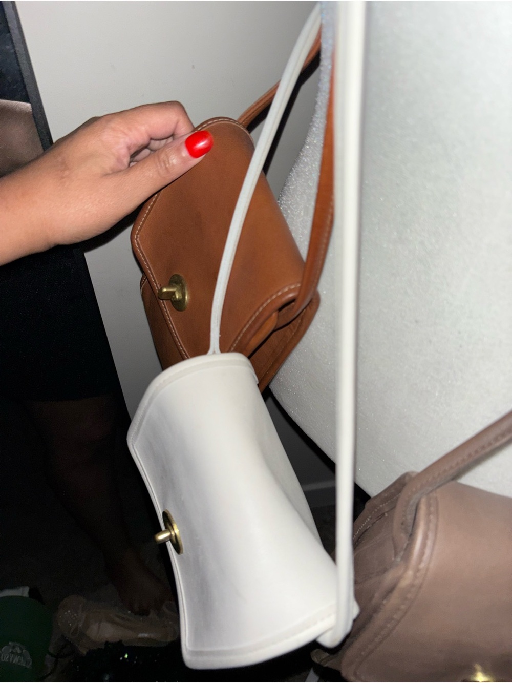 Coach White and Tan Leather Shoulder Bags with Gold Turn-Locks